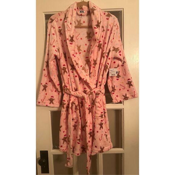 Christmas pastel pink gingerbread one size HOLIDAY women’s BELTED ROBE fleece - Picture 5 of 10